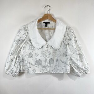 Forever 21 Womens Peter Pan Collar Puff Sleeve Cropped Blouse Top Size M Cotton